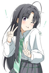 1girl absurdres ahoge awa_subaru black_hair collared_shirt commentary diagonal-striped_clothes diagonal-striped_necktie double_v dress_shirt girls_band_cry green_necktie grey_skirt highres long_hair ltv1119 necktie one_eye_closed parted_bangs plaid_clothes plaid_skirt pleated_skirt purple_eyes school_uniform shirt sidelocks simple_background skirt solo striped_clothes v white_background white_shirt