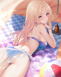 Rule 34 | 1girl, akiyomi, ass, ball, bare shoulders, beach, beachball, bikini, blonde hair, blue bikini, blush, breasts, closed mouth, gakuen idolmaster, highres, idolmaster, juo sena, large breasts, long hair, looking at viewer, lying, multicolored hair, on stomach, pink hair, purple eyes, sarong, see-through clothes, see-through sarong, smile, solo, streaked hair, swimsuit, towel, two-tone hair, umbrella, very long hair, white sarong