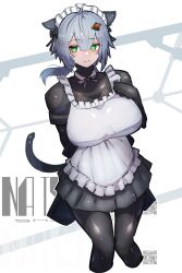 1girl absurdres animal_ears apron barcode black_bodysuit bodysuit bodysuit_under_clothes breasts cat_ears cat_girl cat_tail colossus_(natsukaze_shigure) green_eyes grey_hair hair_ornament highres large_breasts looking_at_viewer maid maid_apron maid_headdress natsukaze_shigure original qr_code smile solo tail white_apron white_background