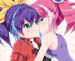 2girls blue_eyes blue_hair blush bow bracelet_girls calcio couple eyebrows green_eyes hair_bow highres hiiragi_yuzu incest kiss kiss_focus multicolored_hair multiple_girls pink_hair ponytail serena_(yu-gi-oh!) siblings sisters twins twintails two-tone_hair yu-gi-oh! yu-gi-oh!_arc-v yuri