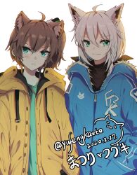 &gt;:( 2girls ahoge animal_ear_fluff animal_ears artist_name backlighting black_undershirt blue_jacket braid brown_hair buttons character_name closed_mouth clothes_writing commentary_request dated fox_ears fox_girl fur-trimmed_jacket fur_trim green_eyes green_shirt hand_in_pocket height_difference highres hololive hood hood_down hooded_jacket jacket kemonomimi_mode light_blush long_sleeves multiple_girls natsuiro_matsuri partial_commentary pocket shirakami_fubuki shirt side-by-side side_braid side_ponytail simple_background straight-on turtleneck turtleneck_shirt unbuttoned upper_body v-shaped_eyebrows virtual_youtuber white_background white_hair yellow_jacket yufeng_kaete zipper zipper_pull_tab