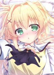 1girl :o absurdres ascot bed_sheet black_ascot blonde_hair blush commentary film_grain green_eyes hair_between_eyes hair_intakes hair_ornament hair_spread_out highres long_hair looking_at_viewer lying nose_blush on_back open_mouth puffy_short_sleeves puffy_sleeves school_uniform serafuku shirt short_sleeves sidelocks solo sukonbu385 summer_pockets summer_pockets_school_uniform sweater_vest tsumugi_wenders twintails upper_body watermark white_shirt x_hair_ornament yellow_sweater_vest