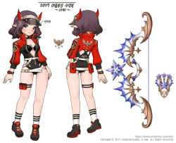 2017 artstation_username blue_eyes blush bow_(weapon) breasts character_request reference_sheet cleavage commentary_request dragon_nest korean_commentary korean_text medium_hair pointy_ears siho_white star_(symbol) translation_request watermark weapon web_address