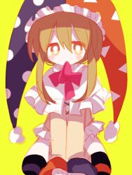 1boy blush_stickers brown_hair capelet commentary_request cosplay frilled_capelet frills hat kirby_(series) long_sleeves looking_at_viewer magolor male_focus marx_(kirby) marx_(kirby)_(cosplay) mouth_hold multicolored_hat nintendo no_nose personification pink_ribbon polka_dot_headwear ribbon ribbon_in_mouth shirt short_hair_with_long_locks simple_background sketch solo usagi_nui white_capelet yellow_background yellow_shirt