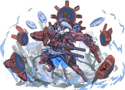 1girl 202vincent absurdres armor double_neck_guitar dynamic_pose extra_arms floating_armor full_body gears hair_over_one_eye highres horns mecha_musume mechanical_arms original pointy_ears ponytail power_armor smile solo white_hair