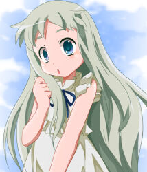 Rule 34 | 1girl, ano hi mita hana no namae wo bokutachi wa mada shiranai., blue eyes, blush, day, dot nose, dress, female focus, grey hair, honma meiko, long hair, looking at viewer, open mouth, outdoors, shishinon, sky, solo, standing