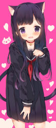 1girl absurdres animal_collar animal_ear_fluff animal_ears bell black_sailor_collar black_serafuku black_shirt black_skirt cat_ears cat_girl cat_tail clenched_hand collar collarbone commentary cowboy_shot extra_ears fangs highres long_hair long_sleeves looking_at_viewer mole mole_under_eye neck_bell neckerchief open_mouth original paw_pose pink_background pleated_skirt purple_eyes purple_hair red_collar red_neckerchief sailor_collar school_uniform senmen_kinuko serafuku shirt skin_fangs skirt smile solo star_(symbol) star_in_eye swept_bangs symbol-only_commentary symbol_in_eye tail