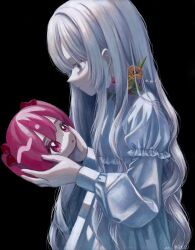 Rule 34 | 1girl, bags under eyes, black background, bow, closed mouth, dress, expressionless, eyelashes, flower, frilled dress, frills, from side, highres, holding, holding mask, long hair, long sleeves, looking down, mask, monou pico, original, pink hair, profile, purple flower, purple rose, red bow, rose, signature, simple background, solo, white dress, white hair, yellow flower, yellow rose