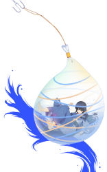 1girl black_hair female_focus ging_(tokushima) highres hook in_water japanese_clothes kimono legs long_hair lying obi on_back original purple_eyes sash simple_background solo water water_balloon white_background