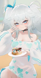 1girl :3 absurdres bingzhi_juzi black_choker blue_eyes blue_hair blue_ribbon blurry blurry_background blush cake chinese_commentary choker commentary_request florence_(girls&#039;_frontline_2) food girls&#039;_frontline girls&#039;_frontline_2:_exilium hair_ribbon heart heart-shaped_pupils highres holding holding_plate looking_at_viewer official_alternate_costume pa-15_(girls&#039;_frontline) pa-15_(marvelous_yam_pastry)_(girls&#039;_frontline) panties pantyshot pill plate ribbon shirt solo symbol-shaped_pupils underwear white_panties white_shirt