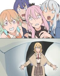 5girls addendium blonde_hair blue_eyes blue_hair brown_capelet brown_coat brown_skirt capelet closed_mouth coat collared_shirt commentary easter english_commentary flat_color fur_choker gawr_gura gawr_gura_(1st_costume) gradient_hair hair_between_eyes hair_ornament heart heart-shaped_pupils highres hololive hololive_english holomyth light_smile long_hair looking_at_viewer medium_hair monocle mori_calliope mori_calliope_(1st_costume) multicolored_hair multiple_girls necktie ninomae_ina&#039;nis ninomae_ina&#039;nis_(1st_costume) open_hands orange_hair outstretched_arms pink_hair plaid_clothes plaid_skirt pleated_skirt purple_eyes purple_hair red_necktie resurrection shark_girl sharp_teeth shirt shirt_tucked_in sidelocks skirt smile spread_arms standing surprised sweatdrop symbol-shaped_pupils takanashi_kiara takanashi_kiara_(1st_costume) teeth tentacle_hair two-tone_hair upper_teeth_only watson_amelia watson_amelia_(1st_costume) white_shirt