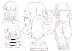 1girl :&gt;= apologizing ass bar_censor blindfold blush bottomless bow braid breasts censored cleft_of_venus crown_braid cube dogeza elf emilia_(re:zero) fellatio flower from_behind hair_flower hair_ornament hairclip japanese_text kyuubu large_penis long_hair looking_at_viewer multiple_views nude open_mouth oral panties penis pointy_ears presenting pussy_juice pussy_juice_drip re:zero_kara_hajimeru_isekai_seikatsu saliva thighhighs tongue tongue_out top-down_bottom-up translated underwear unworn_clothes unworn_panties very_long_hair