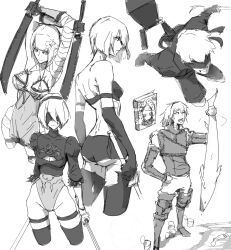 2b_(nier:automata) 9s_(nier:automata) a2_(nier:automata) absurdres arm_up armpits ass bare_shoulders breasts cleavage cleavage_cutout clothing_cutout covered_eyes cowboy_shot emil_(nier) fish full_body highres holding holding_sword holding_weapon kaine_(nier) large_breasts leotard lingerie long_hair medium_breasts mole mole_under_mouth monochrome multiple_girls multiple_views nier nier:automata nier_(series) pod_(nier:automata) short_hair simple_background small_breasts stephengiannart sword thighhighs underwear weapon white_background white_hair