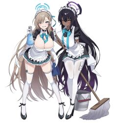 2girls 5uj0 absurdres ahoge apron asuna_(blue_archive) asymmetrical_bangs black_footwear black_hair black_shirt black_skirt blue_archive blue_eyes blush bottle bow bowtie breasts brown_hair bucket cleavage closed_mouth collared_shirt dark-skinned_female dark_skin framed_breasts full_body garter_straps gloves grin halo high_heels highres holding holding_bottle holding_mop holding_towel karin_(blue_archive) large_breasts long_hair maid maid_apron maid_headdress miniskirt mole mole_on_breast mop multiple_girls pantyhose pleated_skirt shirt sidelocks simple_background skirt smile spray_bottle standing strappy_heels thighhighs towel very_long_hair white_background white_gloves white_pantyhose white_thighhighs yellow_eyes