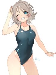 1girl blush breasts brown_hair competition_swimsuit gluteal_fold highres love_live! love_live!_sunshine!! one-piece_swimsuit one_eye_closed salute short_hair smile stomach swimsuit thighs watanabe_you wavy_hair