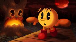 2boys boardwalk boxing_gloves character_request colored_skin fire gloves highres itisdoibs multiple_boys open_mouth orange_gloves pac-man pac-man_(game) pac-man_eyes red_footwear red_sky sharp_teeth sky sneaking teeth tree wooden_floor yellow_skin