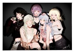 5girls :3 art_program_in_frame ave_mujica_(bang_dream!) bang_dream! bang_dream!_it&#039;s_mygo!!!!! belt black_belt black_choker black_shirt blonde_hair blue_eyes blue_hair camisole chain chain_necklace chinese_commentary choker commentary_request cucumber_hair_ornament dated earrings enpera feimeixiangguji food green_hair hair_ornament hairclip hand_on_another&#039;s_chin hand_on_another&#039;s_head hand_on_another&#039;s_shoulder heart heart_hair_ornament highres jewelry long_hair long_sleeves looking_at_viewer macaron medium_hair midriff misumi_uika multiple_girls nail_polish navel necklace off_shoulder open_mouth pink_camisole pink_eyes pink_nails ponytail procreate_(medium) purple_eyes purple_hair red_sweater scarf shirt sidelocks sleeveless sweater togawa_sakiko v very_long_hair wakaba_mutsumi yahata_umiri yellow_eyes yuutenji_nyamu