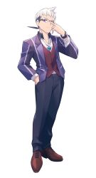1boy adjusting_eyewear azure_striker_gunvolt azure_striker_gunvolt_3 black_hair black_pants full_body glasses highres jacket jewelry lexus_(gunvolt) male_focus official_art pants pendant purple_eyes purple_jacket red_vest shirt simple_background solo vest watch white_background white_hair white_shirt wristwatch