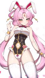 Rule 34 | 1girl, absurdres, alternate costume, animal ears, black leotard, blush, breasts, clothing cutout, commentary request, constellation print, cowboy shot, fake animal ears, forehead jewel, fu xuan (honkai: star rail), hair ornament, heart, highleg, highleg leotard, highres, honkai: star rail, honkai (series), leotard, long hair, looking at viewer, multicolored leotard, navel, navel cutout, pink hair, pink nails, pinponpaaru, playboy bunny, rabbit ears, small breasts, solo, thighhighs, thighs, two-tone leotard, white background, white leotard, white thighhighs, wrist cuffs, yellow eyes