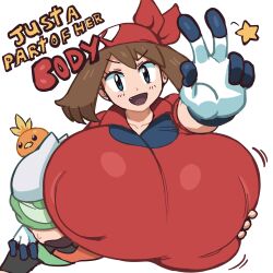 bandana blue_eyes breasts brendan_(pokemon) brendan_(pokemon_emerald) brown_hair gen_3_pokemon gigantic_breasts greyimpaction may_(pokemon) nintendo open_mouth pokemon pokemon_emerald pokemon_rse sweatdrop torchic