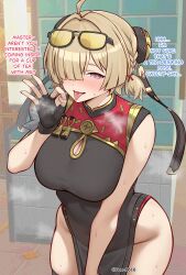 1girl absurdres ahoge black_dress black_gloves blonde_hair blush bonz_(bonz0616) breasts breath cleavage cleavage_cutout clothing_cutout commentary cowboy_shot dress english_commentary english_text eyewear_on_head fellatio_gesture fingerless_gloves gloves groin hair_over_one_eye hand_up headgear highres indoors large_breasts looking_at_viewer no_panties pelvic_curtain purple_eyes short_hair smile solo sunglasses sweat sweety_(zenless_zone_zero) thighs tinted_eyewear tongue tongue_out twitter_username yellow-tinted_eyewear zenless_zone_zero