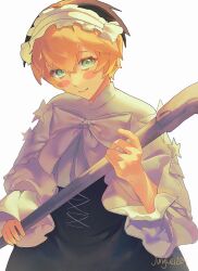1girl black_hair black_skirt blonde_hair blush_stickers fate/grand_order fate_(series) gareth_(fate) gareth_(fgo_fes._2025)_(fate) gradient_hair green_eyes highres industrial_pipe jungle1229 light_smile looking_at_viewer multicolored_hair shirt short_hair signature skirt solo white_shirt