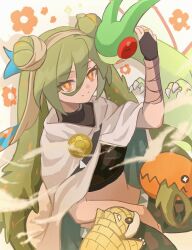 1girl bandaged_arm bandages brooch cape cloak crop_top double_bun dragon floral_print flygon gen_1_pokemon gen_3_pokemon gloves green_hair green_wings ground_miku_(project_voltage) hair_between_eyes hair_bun hatsune_miku highres jewelry long_hair midriff nintendo orange_eyes pants pokemon pokemon_(creature) project_voltage sandshrew single_glove smile touchika trapinch twintails very_long_hair vocaloid white_cloak wings