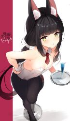 Rule 34 | 1girl, absurdres, animal ear fluff, animal ears, azur lane, black pantyhose, breasts, character name, cocktail glass, commentary request, cup, detached collar, drinking glass, fox ears, fox girl, hamiro, highres, holding, holding tray, leotard, looking at viewer, nagato (azur lane), necktie, pantyhose, parted lips, playboy bunny, red necktie, short necktie, small breasts, strapless, strapless leotard, tray, white leotard, wrist cuffs, yellow eyes
