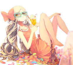 1girl bare_shoulders barefoot blonde_hair blush bow breasts candy cherry closed_mouth collarbone cup dress drinking_straw food from_side fruit green-framed_eyewear hair_bow hand_on_own_knee handa_roco hands_up heart heart-shaped_eyewear highres holding holding_cup ice ice_cream ice_cube idolmaster idolmaster_million_live! idolmaster_million_live!_theater_days jelly_bean jewelry leaning_back legs_up long_hair looking_at_viewer necklace pearl_necklace pink_dress pink_ribbon ribbon simple_background sitting sleeveless sleeveless_dress small_breasts smile solo sunglasses twintails ukkari_chabangeki very_long_hair white_background yellow_eyes