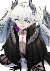 1girl absurdres black_cloak black_panties black_thighhighs body_markings breasts choker cloak commentary_request crossed_bangs demon_girl demon_horns demon_wings ear_piercing fate/grand_order fate_(series) green_eyes grey_hair grin hair_between_eyes highres horns lilith_(fate) long_hair looking_at_viewer medium_breasts navel panties piercing pointy_ears sitting smile solo stomach_tattoo tattoo terasako thighhighs thighs twintails underwear very_long_hair wings