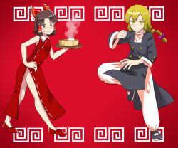 1boy 1girl adapted_costume bamboo_steamer steamed_bun benikurage_(cookie) black_coat black_footwear blonde_hair blush bow braid brown_eyes brown_hair buttons clenched_hand coat commentary_request cookie_(touhou) dress flat_chest flats food foot_up frilled_bow frilled_hair_tubes frills full_body genderswap genderswap_(ftm) hair_bow hair_tubes hakurei_reimu hand_on_own_hip highres holding holding_tray kirisame_marisa looking_at_viewer meandros medium_hair open_mouth pants parted_bangs purple_bow red_background red_bow red_dress red_footwear rei_(cookie) rikadai short_hair side_braid single_braid sleeveless sleeveless_dress smile touhou trap tray v-shaped_eyebrows vocaloid walking white_pants yellow_eyes yi_er_fan_club_(vocaloid)