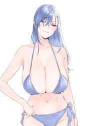 1girl bikini blue_bikini blue_hair blue_nails breasts cleavage closed_mouth commentary_request eyelashes goshiki_suzu hair_between_eyes highres huge_breasts long_hair looking_at_viewer mole mole_under_eye nail_polish original simple_background solo swimsuit tokiwa_nao white_background