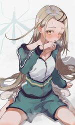 1girl absurdres brown_hair collarbone earrings full_body gakuen_idolmaster green_shorts grey_background hair_ornament hairclip hand_up hattori_(omegamega1001) highres idolmaster jacket jewelry long_hair long_sleeves looking_at_viewer open_mouth orange_eyes partially_unzipped shinosawa_hiro shoes shorts simple_background sitting solo sweat track_jacket wariza white_shoes
