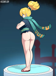 1girl ass assentlov blonde_hair blue_eyes breasts crossed_arms earrings from_behind highres jewelry legs looking_back mario_(series) ninja ninja_peach nintendo no_panties ponytail princess_peach princess_peach:_showtime! scarf shiny_skin standing