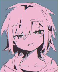 1boy absurdres chromatic_aberration collarbone commentary_request fang grey_background hair_between_eyes head_tilt highres hood hood_down hoodie looking_at_viewer male_focus monochrome open_mouth original portrait raito-kun_(uenomigi) simple_background sketch smile solo tsurime uenomigi