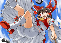 1girl abe_ranzu ascot bare_shoulders black_hair bloomers blue_sky boots bow brown_hair day detached_sleeves female_focus gohei hair_bow hair_tubes hakurei_reimu haraegushi kneepits large_bow legs oonusa open_mouth red_eyes skirt skirt_set sky solo touhou undershirt underwear upskirt vest yin_yang