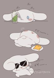 :3 animal animal_focus blue_eyes blush_stickers cinnamoroll company_connection cup curled_tail dog drinking drinking_straw fuwa_fuwa_cinnamoroll grey_background gudetama lying multiple_views no_humans on_back reimentyuru sanrio simple_background smile sunglasses translation_request white_dog white_fur