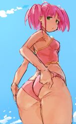 1girl ass crop_top green_eyes hunie_pop kyu_sugardust liamickpie looking_back pink_hair twintails underwear