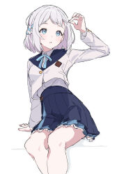Rule 34 | 1girl, arm support, blazer, blue eyes, blue ribbon, blue skirt, blush, braid, collared shirt, commentary, gakuen idolmaster, grey hair, hair ribbon, half up braid, hand up, hatsuboshi gakuen school uniform, highres, idolmaster, jacket, katsuragi lilja, long sleeves, neck ribbon, nune (60569), overskirt, parted lips, pleated skirt, ribbon, school uniform, shirt, shirt tucked in, short hair, sitting, skirt, solo, white background, white jacket, white shirt