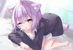 1girl ahoge animal_ears barefoot breasts cardigan cat_ears cat_girl cat_tail cleavage collared_shirt highres hololive large_breasts medium_hair nekomata_okayu nekomata_okayu_(oversized_shirt) official_alternate_costume purple_cardigan purple_eyes purple_hair shirt sirogami_0614 solo tail virtual_youtuber white_shirt