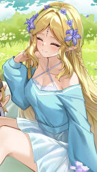 Rule 34 | 1girl, absurdres, alternate costume, bare shoulders, blonde hair, blue shirt, blue skirt, breasts, cartethyia (wuthering waves), cleavage, closed eyes, closed mouth, collarbone, commentary, criss-cross halter, earrings, facing viewer, flower hairband, hair intakes, halterneck, hand up, hashtag-only commentary, highres, jewelry, light blush, long hair, long sleeves, looking at viewer, lunacle, medium breasts, outdoors, paid reward available, parted bangs, pointy ears, shirt, sidelocks, sitting, skirt, smile, solo, tacet mark (wuthering waves), thighs, very long hair, wuthering waves
