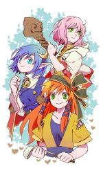 ahoge andante_x blue_eyes blue_hair breasts cape chrono_cross closed_mouth commentary_request crescent crescent_hair_ornament crossover dress final_fantasy final_fantasy_v green_eyes hair_ornament leena_(chrono_cross) lenna_charlotte_tycoon long_hair low-tied_long_hair medium_hair multiple_crossover multiple_girls name_connection pink_hair pointy_ears red_cape red_hair rena_lanford short_hair smile star_ocean star_ocean_the_second_story