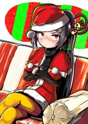 Rule 34 | 1girl, alice soft, black gloves, black hair, black scarf, capelet, christmas, closed mouth, couch, crossed arms, crossed legs, dohna dohna issho ni warui koto o shiyou, dress, elbow gloves, fur-trimmed capelet, fur-trimmed dress, fur-trimmed gloves, fur-trimmed headwear, fur trim, gloves, hair ornament, hat, highres, kouto matai, long hair, looking at viewer, on couch, ponytail, red capelet, red dress, red eyes, red gloves, santa costume, santa dress, santa hat, scarf, sitting, solo, tsuina (dohna dohna), very long hair, yellow leggings
