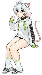 1girl ahoge animal_ear_fluff animal_ears arm_at_side arm_support bags_under_eyes bike_shorts black_shirt black_shorts borrowed_character breasts closed_mouth colored_tips commentary double-parted_bangs double_horizontal_stripe drawstring ear_piercing embarrassed english_commentary extra_ears flipped_hair from_side full_body gift_art go!_go!_gris! green_eyes green_sleeve_cuffs green_trim hair_between_eyes hair_intakes half-closed_eyes hand_up hood hood_down hoodie invisible_chair invisible_floor knees_together_feet_apart long_eyelashes long_hoodie long_sleeves looking_at_viewer looking_to_the_side mouse_ears mouse_girl mouse_tail multicolored_hair multiple_piercings open_hand original perl_(go!_go!_gris!) piercing pink_hair pink_tail print_hoodie puffy_long_sleeves puffy_sleeves raised_eyebrows raised_inner_eyebrows sandals shirt short_hair short_shorts shorts shy sidelocks simple_background sitting sleeves_past_wrists slides small_breasts smile socks solo tail tail_raised tareme thick_eyelashes thighs turtleneck turtleneck_shirt two-tone_hair waving white_background white_hair white_hoodie white_sandals white_socks yirtios