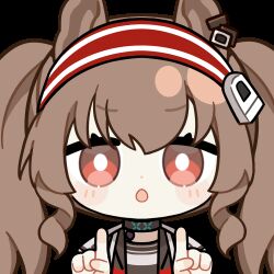 1girl :&lt; :o angelina_(arknights) animal_ears animated animated_gif arknights black_choker blush bright_pupils brown_hair chinese_commentary choker coat commentary_request cross disembodied_hand dot_nose earpiece fox_ears hairband infection_monitor_(arknights) jacket long_hair lowres material_growth open_clothes open_coat open_jacket open_mouth oripathy_lesion_(arknights) red_eyes red_hairband red_jacket skland_1530589596514 solo striped_clothes striped_hairband transparent_background twintails two-tone_hairband white_coat white_pupils x_fingers