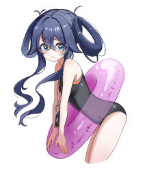 1girl bare_arms bare_legs bare_shoulders black_hair black_one-piece_swimsuit blue_eyes blush breasts cellphone commentary cowboy_shot folded_twintails hair_between_eyes hair_rings highres innertube kimi_no_koto_ga_dai_dai_dai_dai_daisuki_na_100-nin_no_kanojo leaning_forward long_hair looking_at_viewer one-piece_swimsuit phone sidelocks simple_background small_breasts smartphone smile solo swim_ring swimsuit ten_hwang2 white_background yoshimoto_shizuka