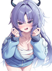 1girl bandages black_halo blue_archive blush breasts cleavage collarbone furrowed_brow hair_intakes halo hands_up highres jacket large_breasts leaning_forward long_hair long_sleeves looking_at_viewer mechanical_halo metaljelly open_clothes open_jacket partially_unzipped ponytail purple_hair solo track_jacket very_long_hair wavy_mouth white_background yuuka_(blue_archive) yuuka_(track)_(blue_archive) zipper zipper_pull_tab
