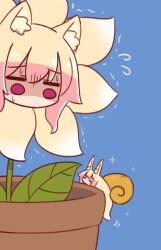 2girls animal_ear_fluff animal_ears blonde_hair blue_background closed_eyes flower flower_pot flying_sweatdrops fox_ears fox_tail highres kemomimi-chan_(naga_u) multiple_girls naga_u no_mouth original plant potted_plant shaded_face simple_background snail sparkle tail trembling turn_pale