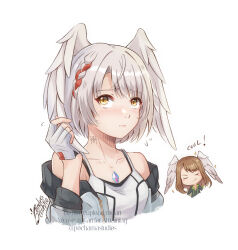 2girls absurdres blush brown_hair closed_eyes closed_mouth commentary eunie_(xenoblade) flying_sweatdrops head_wings highres jacket long_hair mio_(xenoblade) multiple_girls neck_tattoo open_clothes open_jacket pochamastudios simple_background tattoo watermark white_background white_hair white_jacket wings xenoblade_chronicles_(series) xenoblade_chronicles_3 yellow_eyes