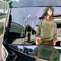 2boys black_hair black_shirt blue_sky brown_hair car green_skirt highres male_focus motor_vehicle multicolored_hair multiple_boys original reflection road shirt skirt sky utility_pole yanakotta